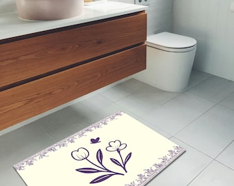 Minimal Floral Bath Mat, Washable Bathroom Rug,Soft Floor Mat,Non-Slip Mat, Small Area Rug, Cute Bath Mat, Modern Bath Mat, Custom Rug