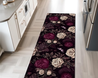 Dark Floral Kitchen Runner, Washable Area Rug, Non-Slip Thin Rug, Rugs For Kitchen, Soft Floor Mat, Custom Rug, Kichen Mat, Modern Mat