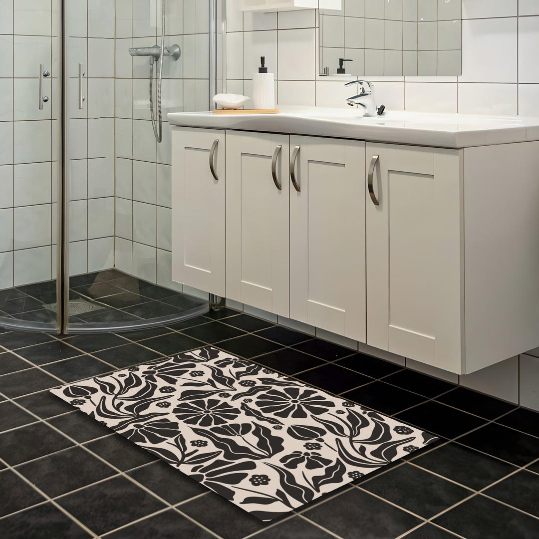 Tile Pattern Bathroom Rug Floral Pattern Bathroom Rug, Modern Bath Mat, Non-slip Round Bath Rug ...