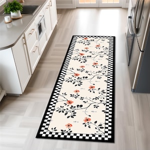 Alfombra de cocina con cuadros florales, lavable, antideslizante, suave, personalizada, moderna