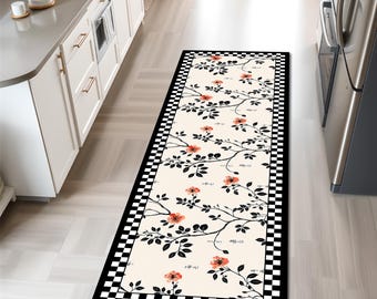 Floral Checkered Kitchen Runner, Washable Area Rug, Non-Slip Thin Rug, Rugs For Kitchen, Soft Floor Mat, Custom Rug, Kichen Mat, Modern Mat