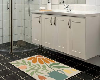 Mini Flower and Watering Can Bathroom Rug, Modern Bath Mat,Non-Slip Round Bath Rug ,Soft and Washable Rug,Home Decor Gift,Quick Dry Bath Mat