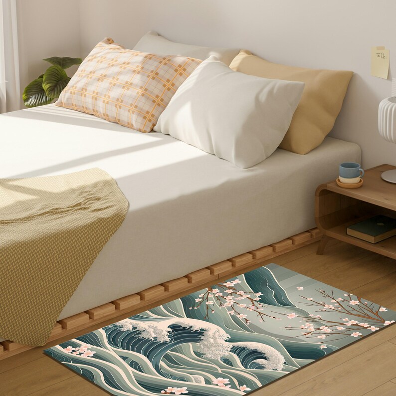 Japanese Pattern Rug Background Japanese Wave and Cherry Blossom Rug, Washable Area Rug,non-slip Thin ...