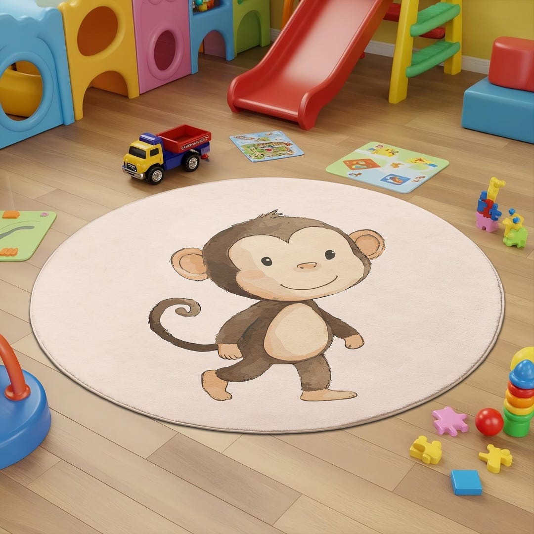 Cute Monkey Round Rug, Washable Area Rug, Non-slip Thin Rug, Custom ...
