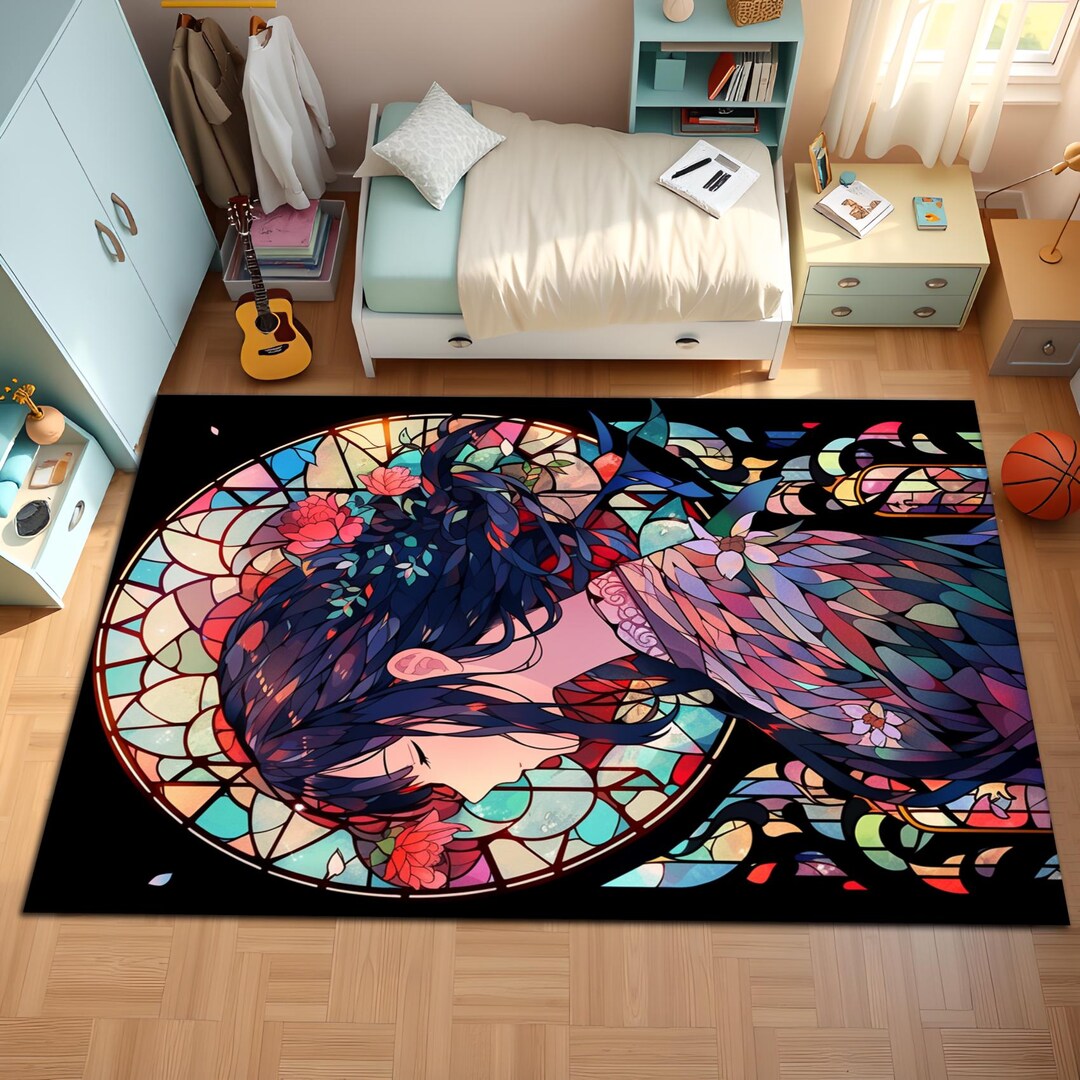 Waifu Rug Anime Girl Rug With Black Hair, Bedroom Carpet, Washable Non Slip Thin ...