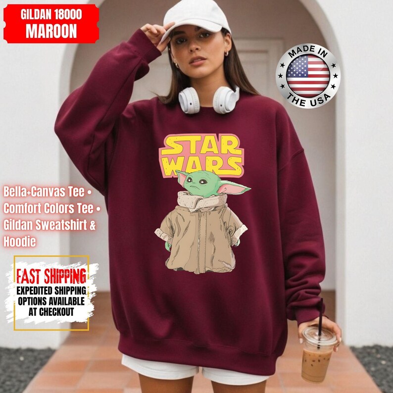 Camiseta de Star Wars Baby Yoda, camiseta de Disney Star Wars, colores cómodos para fans de Star Wars y camisetas Bella+Canvas, sudadera y sudadera con capucha Gildan imagen 15