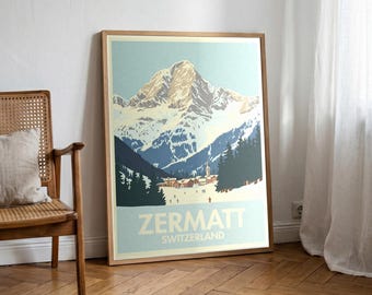 Zermatt Vintage Travel Poster Printable | 1950s Retro Switzerland Wall Art | Digital Download