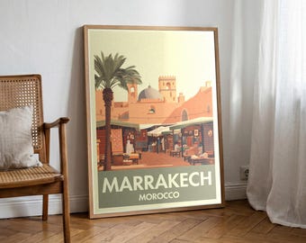 Plakat podróżniczy z Marrakeszu w stylu vintage | Sztuka ścienna z Maroka w stylu retro z lat 50. XX wieku | Prezent podróżniczy z połowy XX wieku