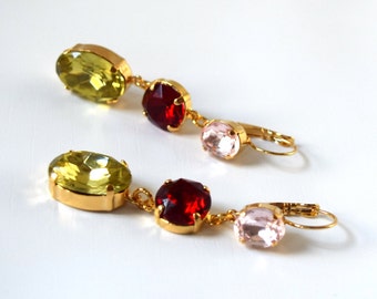 Big Crystal Earrings, Pink Red Yellow Statement Earrings, Colorful Rhinestone Earrings, Pageant Jewelry, Drag Queen Earrings, Citrine, Ruby