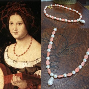 Renaissance Coral and Pearl Necklace, Renaisance Jewelry, Historical Jewelry, 1500s Jewelry, SCA Jewelry, Tudor Jewelry Renaissance Necklace