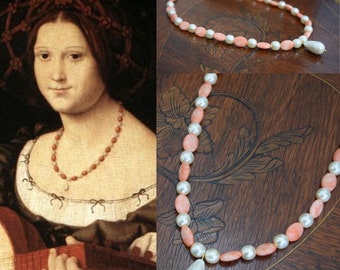 Renaissance Coral and Pearl Necklace, Renaisance Jewelry, Historical Jewelry, 1500s Jewelry, SCA Jewelry, Tudor Jewelry Renaissance Necklace