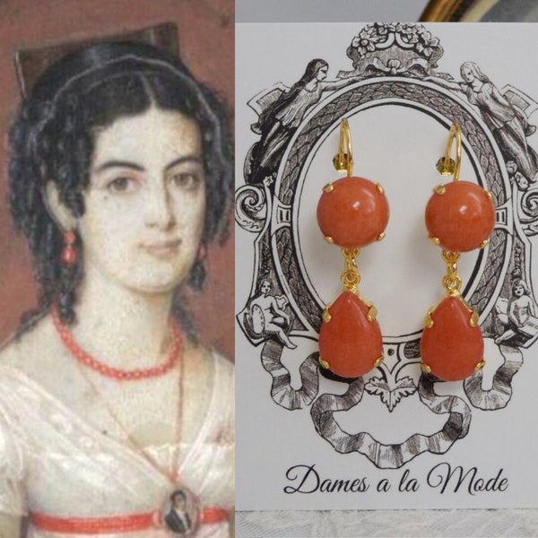 Regency Coral Earrings, Historical Coral Jewelry, Glass Coral Dangle Earrings, Historic Jewelry, 19th Century Coral Jane Austen Jewelry Pink