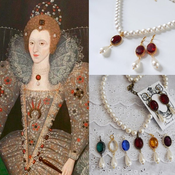 Tudor Pearl Necklace, Tudor Ruby Necklace, Elizabethan Necklace, Queen Elizabeth Necklace, Elizabethan Pearl Necklace, Ruby Pendant Necklace