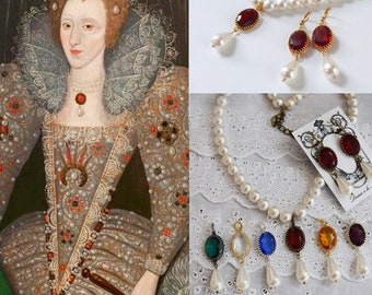 Tudor Pearl Necklace, Tudor Ruby Necklace, Elizabethan Necklace, Queen Elizabeth Necklace, Elizabethan Pearl Necklace, Ruby Pendant Necklace
