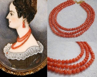 Regency Coral Necklace, Coral Beaded Necklace, Triple Strand Necklace, Faux Coral Necklace, Orange Coral Jewelry, Regency Necklace, Historic