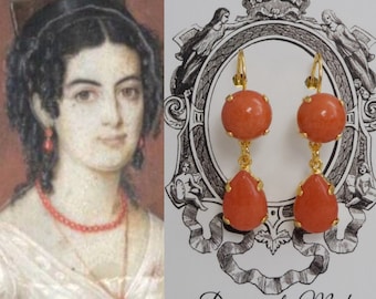 Regency Coral Earrings, Historical Coral Jewelry, Glass Coral Dangle Earrings, Historic Jewelry, 19th Century Coral Jane Austen Jewelry Pink