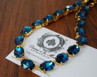 Blue Zircon Crystal Collet Necklace, Teal Blue Crystal necklace, Zircon Riviere Necklace, Rhinestone Blue Necklace, Turquoise Blue Wintour