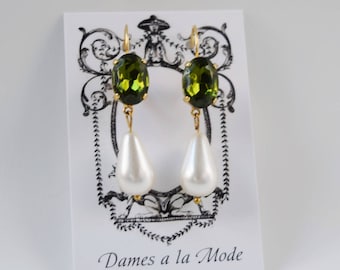 Olive Green Crystal and Pearl Earrings, Green Crystal Pearl Earring, 18th Century Pearl Paste Earring, Emerald Crystal Jewelry, Pearl Dangle