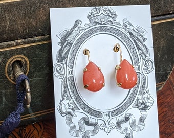 Orange Coral Teardrop Earrings, Glass Coral Earring, Orange Pear Earring, Regency jewelry, historical earring, coral regency jewelry, sorbet