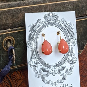 Orange Coral Teardrop Earrings, Glass Coral Earring, Orange Pear Earring, Regency jewelry, historical earring, coral regency jewelry, sorbet