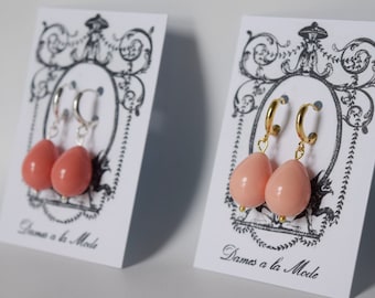 Pink Shell Pearl Hoop Earrings, Pink Coral Earrings, Coral Teardrop Earring, Faux Coral, Pink Pearl Jewelry, Regency Earring, Historical