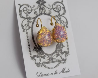 Glass Opal Teardrop Earrings, Fire Opal Dangle Earring, Pink Opal Jewelry, Faux Opal, Opal Pear Earrings, Wedding Jewelry, Opal Bridesmaid