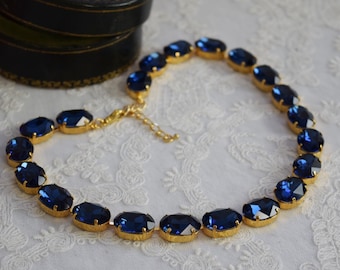 Dark Blue Collet Necklace. Navy Riviere Necklace. Navy Rhinestone Jewelry. Blue Crystal Necklace 18th Century Jewelry, Regency, 19th Century