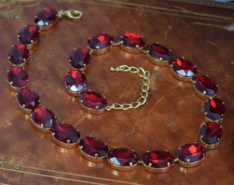Dark Red Collet Necklace, Red Riviere Necklace, Garnet Red Tennis Necklace, Crimson Anna Wintour Necklace, Deep Red Crystal Jewelry Necklace