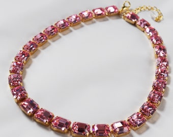 Collar de cristal Swarovski rosa ruborizado, cristal Swarovski vintage, collar rosa claro, collar rosa Rivere, diamantes de imitación rosa ruborizado