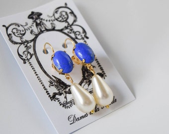 Lapis Blue and Pearl Earrings, Lapis Lazuli Earring, Regency Jewelry, Georgian Earrings, Lapis Earring, Pearl 19th Century Victorian Jewelry