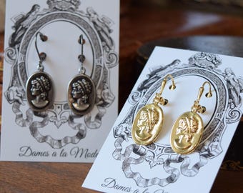 Cameo Earrings, Golden Cameo Earrings, Metal Cameo Earrings, Silhouette Earrings, Victorian Earring, Regency Earrings, Regency Cameo Jewelry