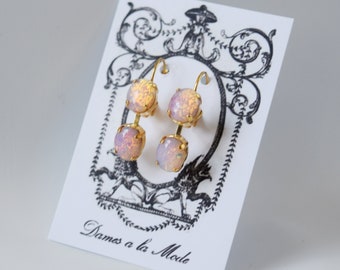 Glass Opal Dangle Earrings, Two Stone Opal Earrings, Glass Opaline Jewelry, Pink and Yellow Opal, Regency Earrings, Historical Jewelry Fire