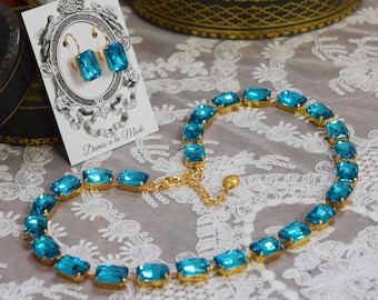 Dark Aquamarine Crystal Riviere Necklace, Blue Anna Wintour, Aqua Blue Rhinestones, Crystal Jewelry, Pool Blue Necklace, Caribbean Blue