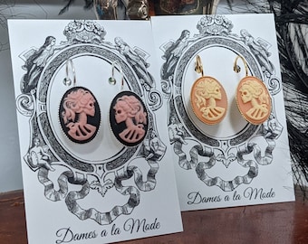 Pink Skeleton Cameo Earrings, Gothic Lolita Earrings, Skull Cameo Earrings, Pink Vampire, Pink and Black, Pastel Goth, Victorian Goth