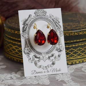 Red Rhinestone Earrings, Ruby Crystal Earring, Red Crystal Jewelry, 18th Century, 19th Century, Victorian Earring Ruby Red Teardrop Earrings