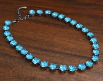 Aquamarine Crystal Necklace, Aqua Blue Paste Collet necklace, Sky Blue Rhinestone Jewelry, Aquamarine Anna Wintour Necklace Blue Jewelry