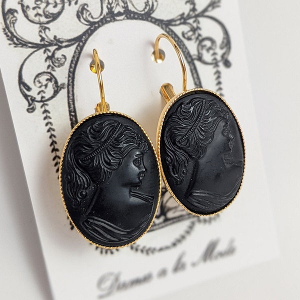 Black Cameo Earrings, Glass Cameos, Jet Cameo Earrings, Vintage Glass Cameo, Mourning Earrings, Victorian Jewelry, Glass Cameo Jewelry Black