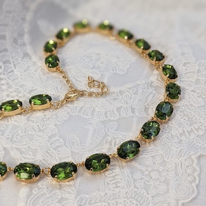 Olive Green Anna Wintour Necklace, Green Rhinestone Collet Necklace, Olive Crystal Riviere Necklace, Army Green Jewelry, Dark Green Jewelry