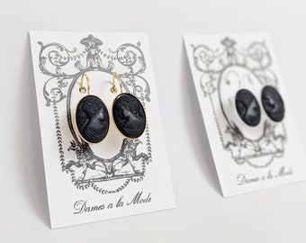 Black Cameo Earrings, Vintage Cameo Earring, Victorian Cameo Earring, Mourning Earring, Black Glass Cameo Victorian Earring Mourning Jewelry