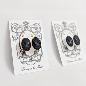 Black Cameo Earrings, Vintage Cameo Earring, Victorian Cameo Earring, Mourning Earring, Black Glass Cameo Victorian Earring Mourning Jewelry