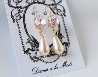 Blush Pink and Pearl Earrings, Blush Pearl, Pearl Crystal Earring, Pale Pink Historical Jewelry, Light Pink Regency Earring, 18th Century