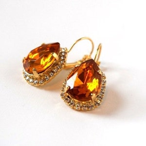 Orange Crystal Earrings, Orange Topaz Earring, Orange Jewelry, 18th Century jewelry, Regency Earrings, Georgian Paste, Orange Topaz Jewelry