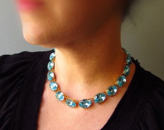 Aquamarine Crystal Necklace, Aquamarine Statement Necklace, Light Blue Collet Necklace, Anna Wintour Jewelry, Marie Antoinette Georgian