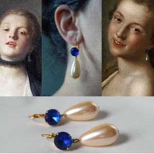 18th Century Blue and Pearl Earrings, Paste Glass Earrings, Rococo Jewelry, Eighteenth Century, Historical Jewelry, Blue Pearl Earrings