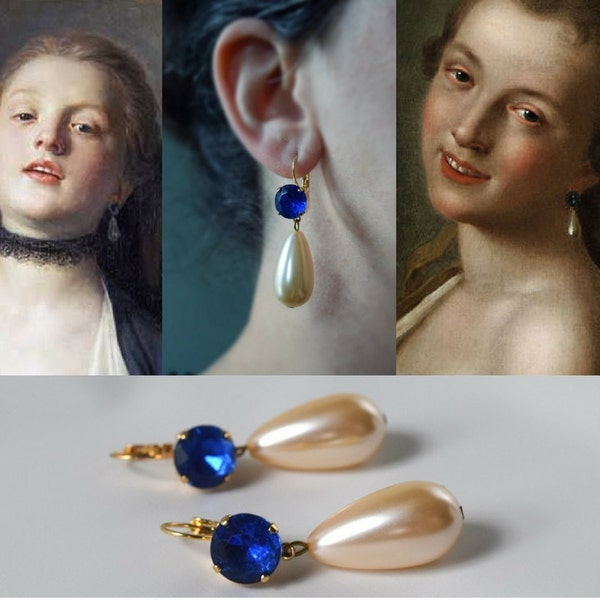 Boucles d’oreilles bleues et perles du 18ème siècle, Boucles d’oreilles en verre pâte, Bijoux rococo, XVIIIe siècle, Bijoux historiques, Boucles d’oreilles en perle bleue