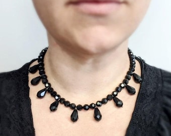 Jet Crystal Fringe Necklace, Victorian Mourning,  Black Glass Dangle Faceted Jet Necklace, Mourning Jewelry, Gothic Vampire Regency Necklace