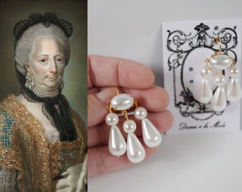 Pearl Girandole Earrings, 18th Century Earring, Historical Jewelry, Reproduction Jewelry, Reenacting, Rococo Earring, marie Antoinette pearl