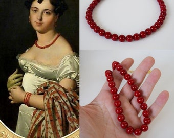 Red Shell Pearl Coral Beaded Necklace, Red Regency Necklace, Coral Red 19th Century Choker, Jane Austen Jewelry, Red Pearl Necklace Historic