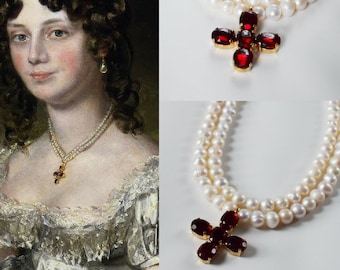 Pearl and Paste Garnet Cross Necklace, Regency Jewelry, Reproduction Jewelry, Garnet Cross, 18th Century 19th Century, Paste Cross Georgian