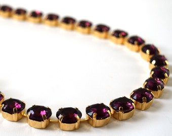 Dark Purple Crystal Necklace, Amethyst Riviere Necklace, Purple Collet Necklace, Paste Jewelry, Purple Rhinestone Jewelry, Purple Wedding